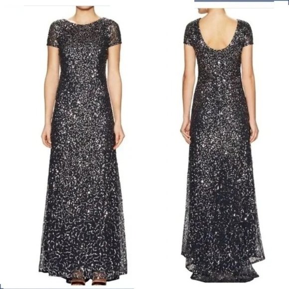 Adrianna Papell Scoop Back Multi-Colored Sequin Gown Cap Sleeves - Size 6 - Picture 1 of 10
